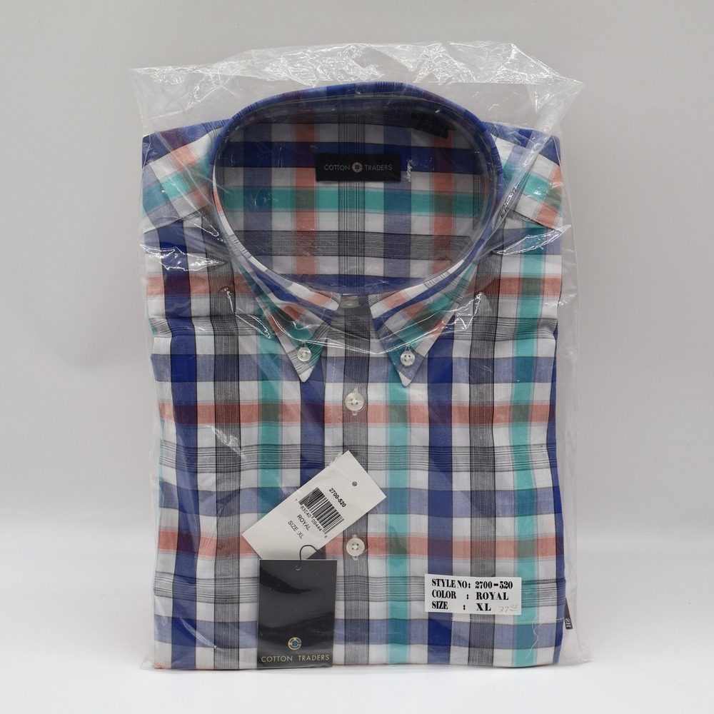 Cotton Traders Plaid Button Down Shirt Mens XL Royal Blue Short Sleeve 2700-520
